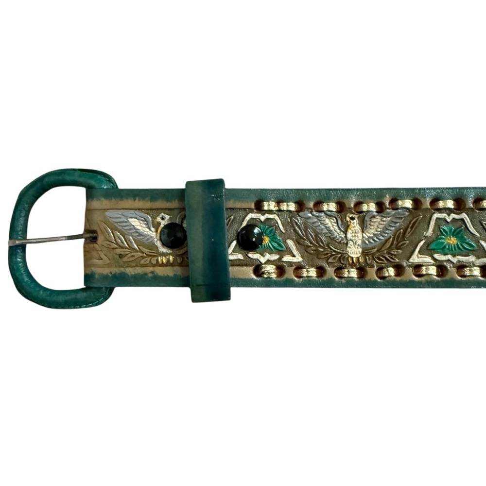 VTG Western Mallory Tooled Whip Stitched Belt Turquoise Green Brown 32, 38, 40 - Picture 4 of 15